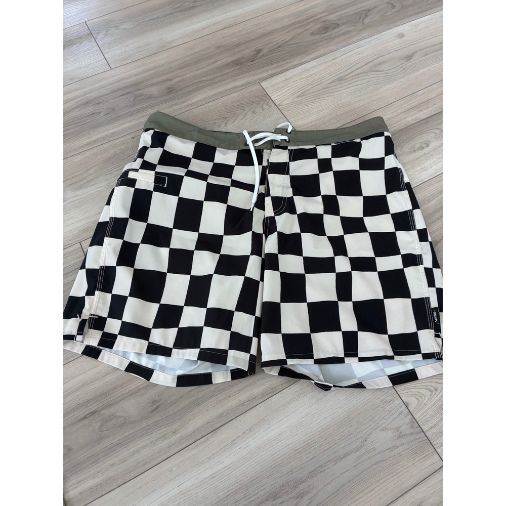 Vans Mens Checkerboard Board Shorts Black White Olive Green Swim Trunks Size 33
